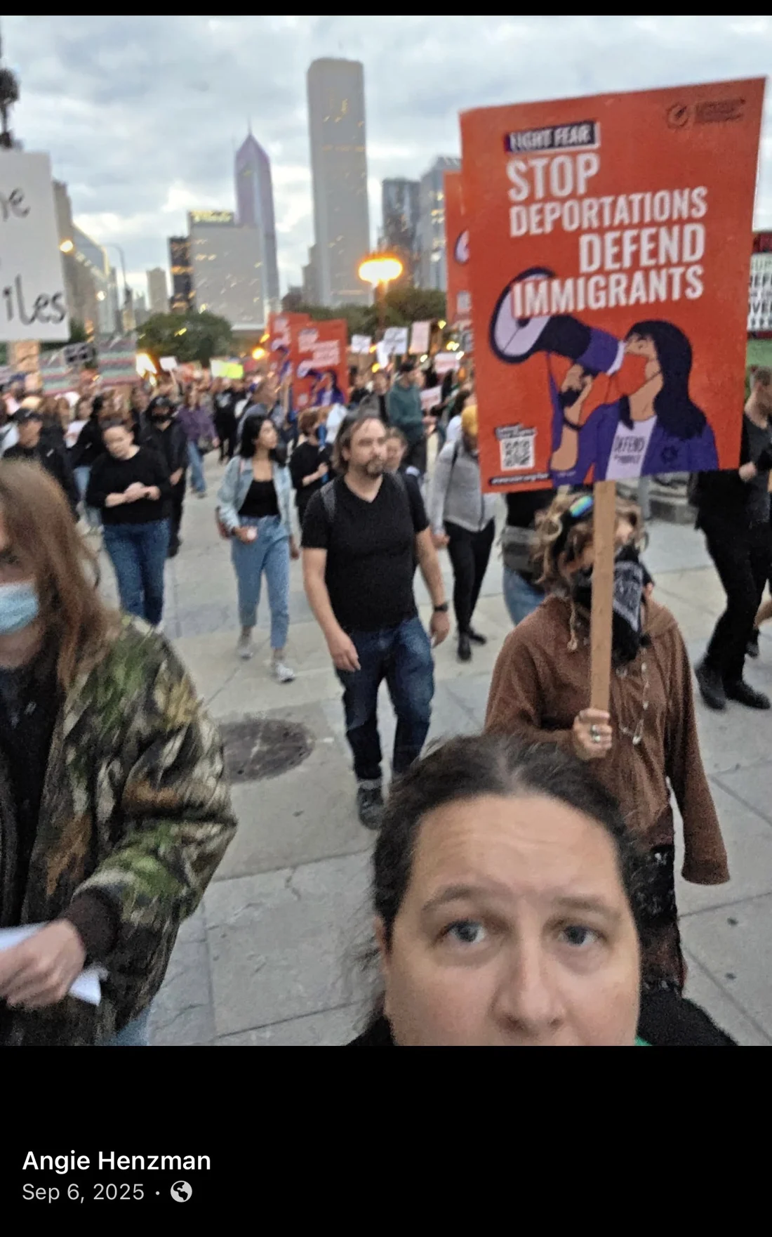 Facebook photographs posted by Henzman show the Chicago protest; page 3 includes the quoted crowd sign.