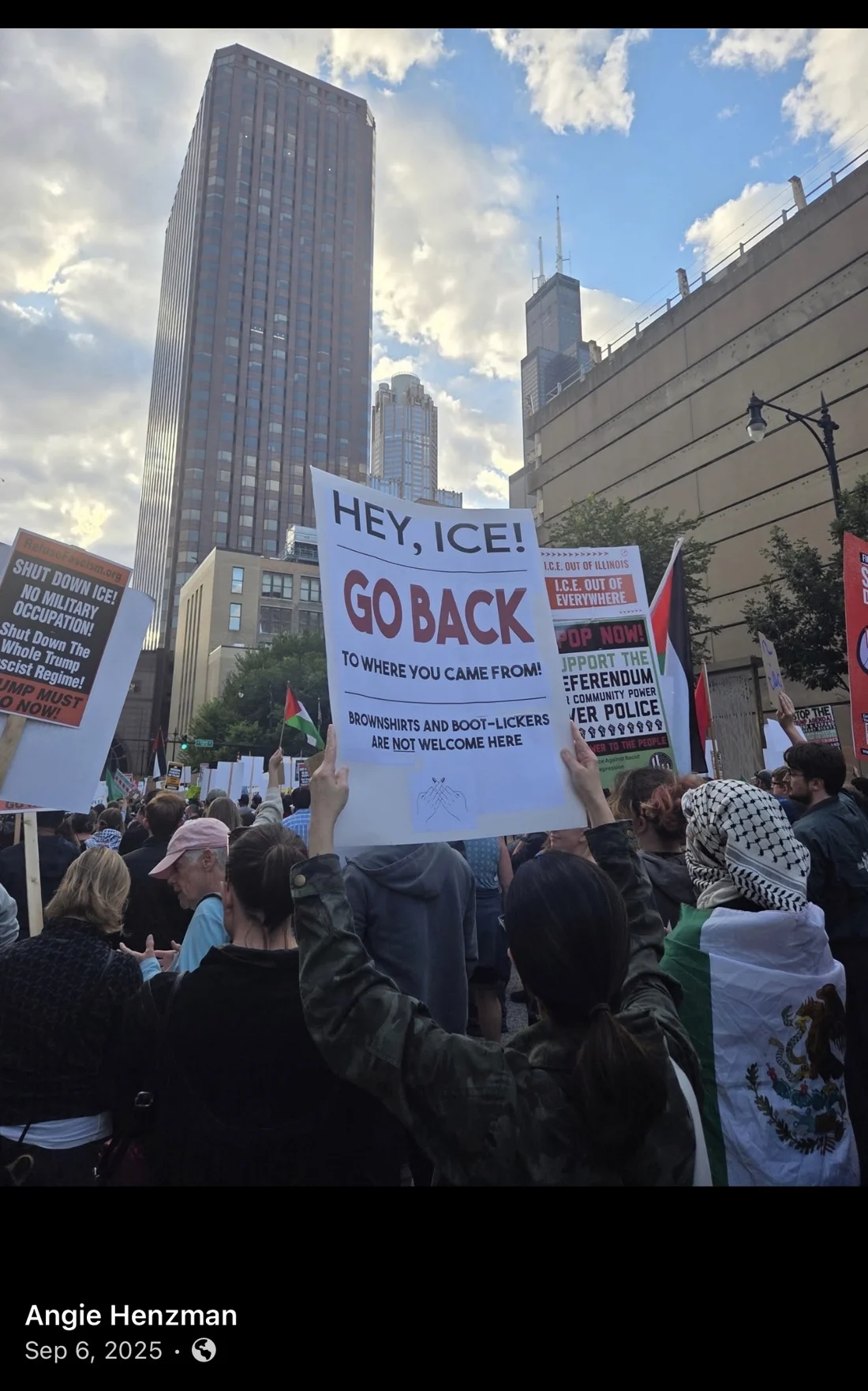 A crowd photograph shows this anti-ICE sign among attendees.