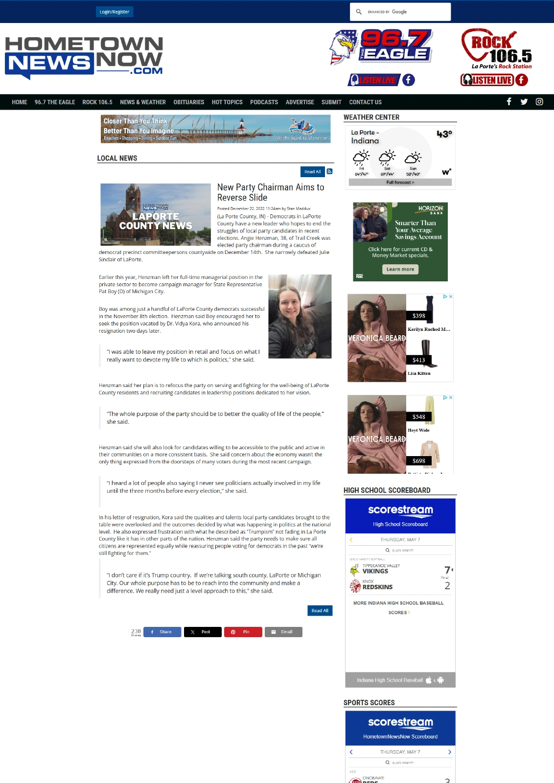 Saved Hometown News Now article reports Henzman election as county Democratic chair and her campaign work for Pat Boy.