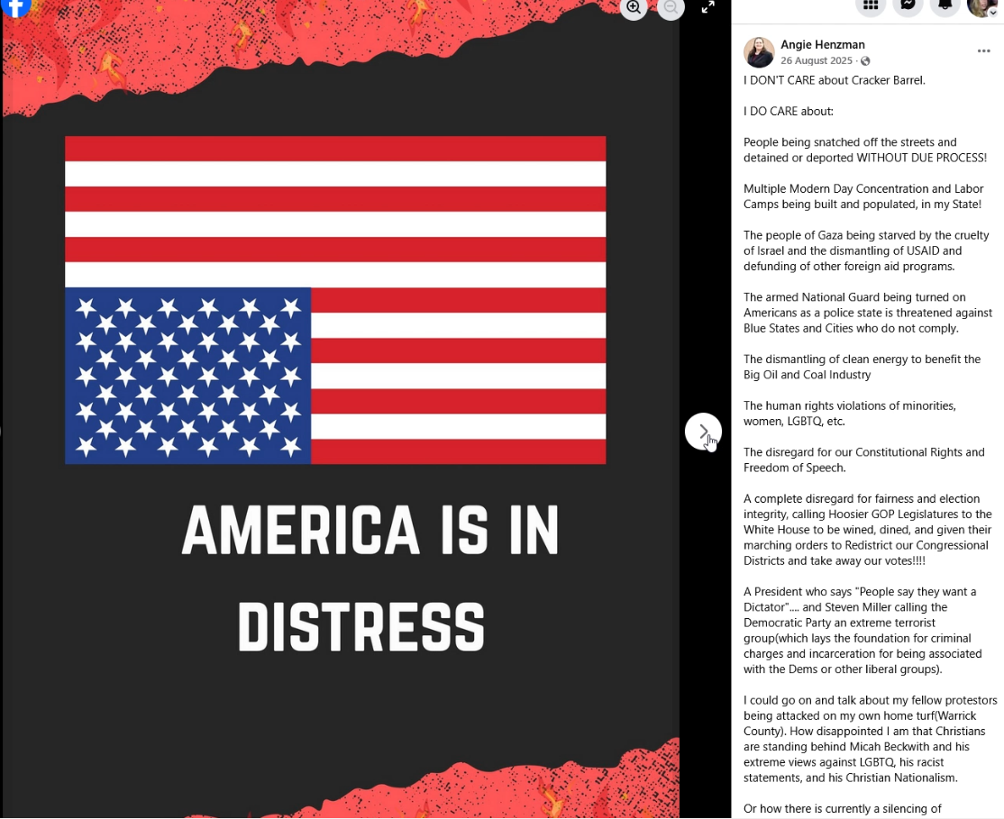 Henzman’s expanded caption accompanying the upside-down flag describes her concerns about deportations, due process, Gaza, National Guard deployment, clean energy, LGBTQ rights, and redistricting.