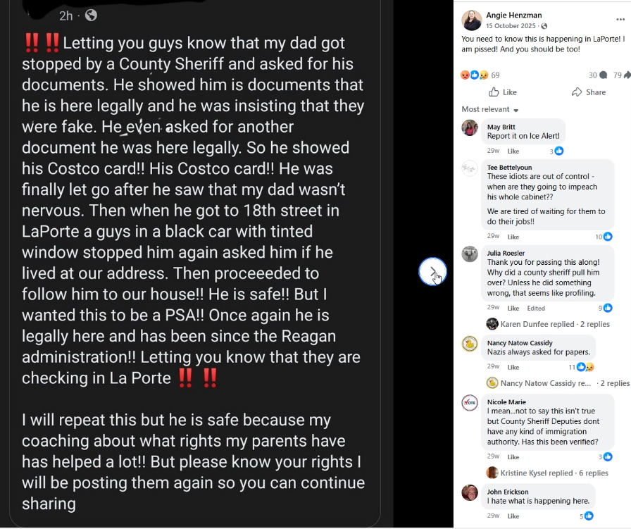 The screenshot shows Angie Henzman sharing an account alleging a county-sheriff document check and later follow-up. Her own caption states: “You need to know this is happening in LaPorte! I am pissed! And you should be too!”